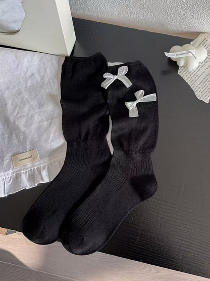 Black/White/Beige/Gray Lolita Bowknot Details Calf Socks
