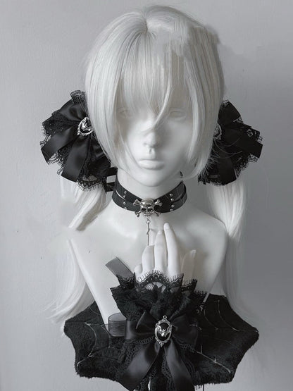 Jirai Kei Black Bowknot Bat Accent Black Lace Wrist Cuffs