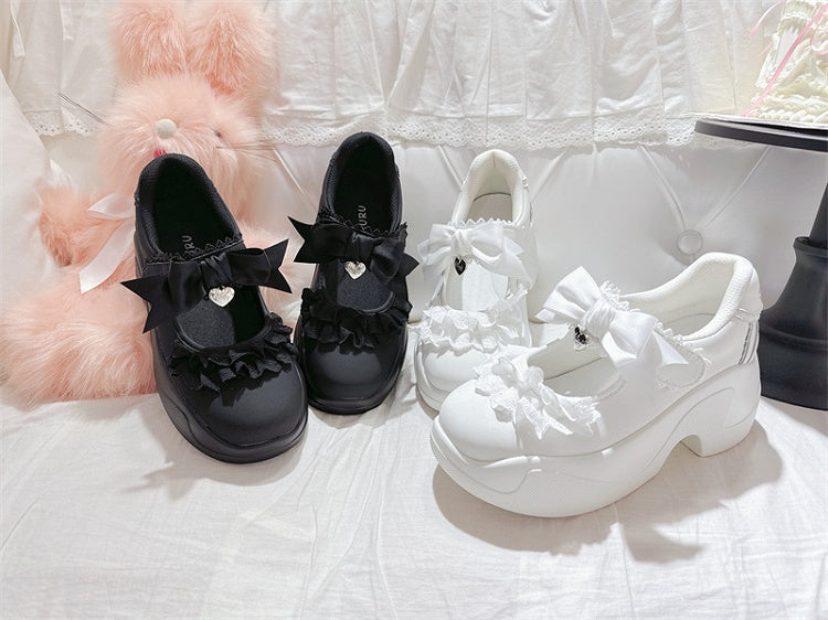 Black Lace Trim Bowknot Velcro Strap Closures Jirai Kei Platforms