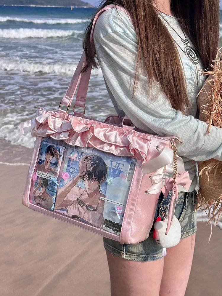 Pink Satin Ruffle Trims Self-tie Straps Ita Bag With Bow Card Holder