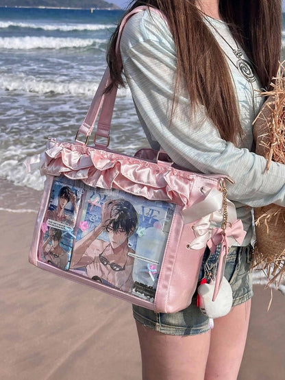 Pink Satin Ruffle Trims Self-tie Straps Ita Bag With Bow Card Holder