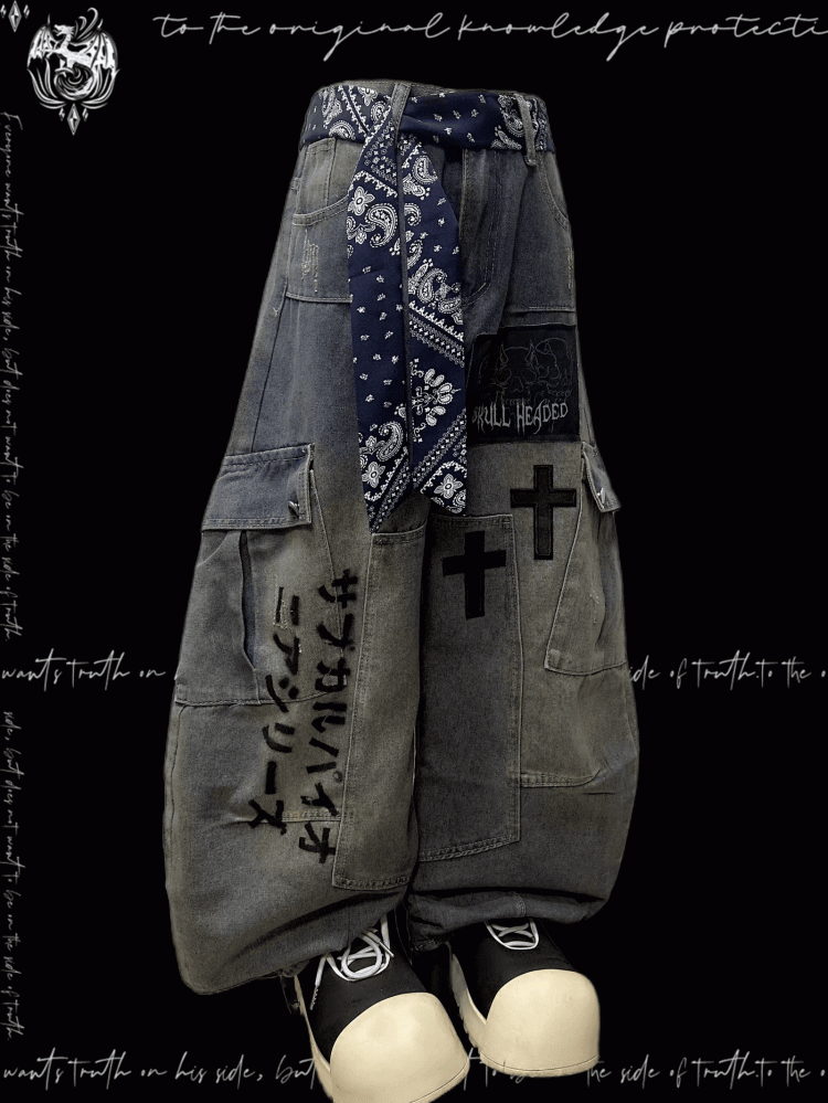 Blue Cross Applique Wasteland Punk Distressed Wide-leg Cargo Jeans