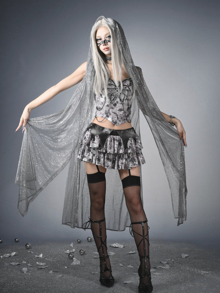 Y3K Fashion Futuristic Silver Gray Low Waist Bat Wing Detail Waistband Sequins Tiered Cyberpunk Skirt