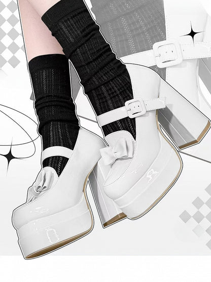 Bow at Top White Platform Mary Janes High Block Heel
