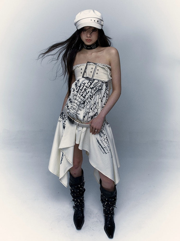Lace-up Detail Letters Print Beige Buckle Strap Design Punk Rock Strapless Dress