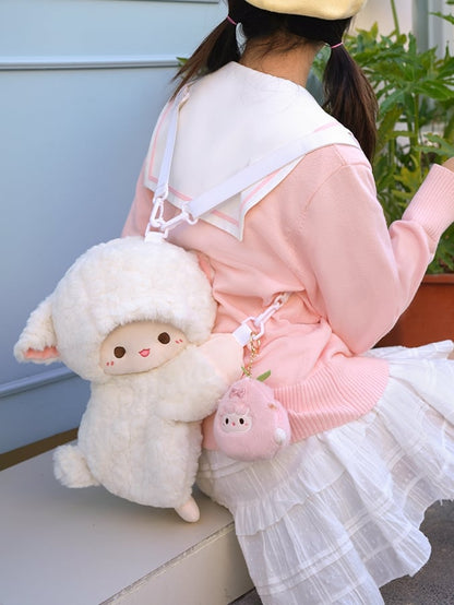 Cute Little Lamb White Plush Backpack/Crossbody Bag + Keychain