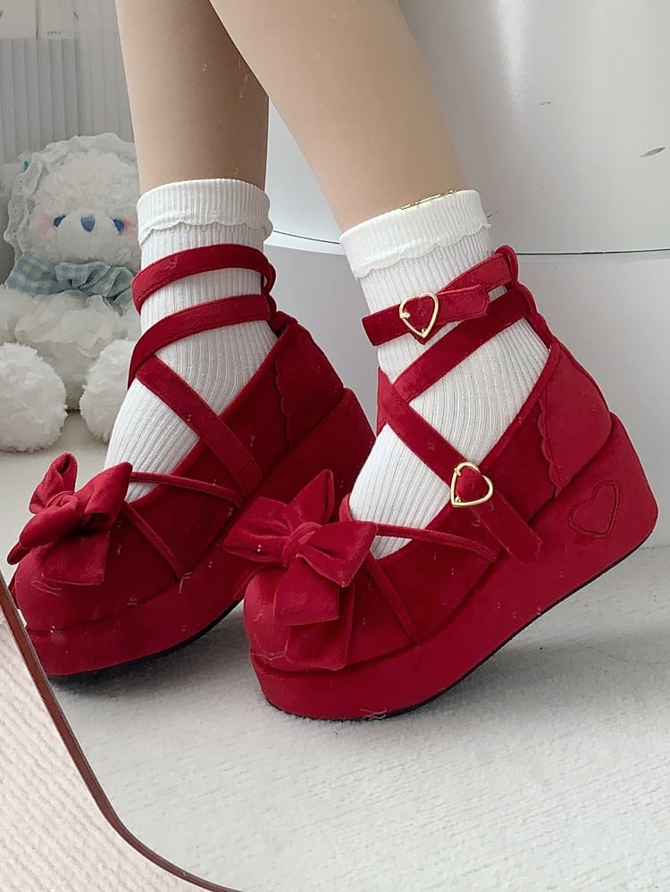 Sweet Wine Red Lolita Platforms in Velvet - Bow at Top, Crisscross Design & Heart Fastener