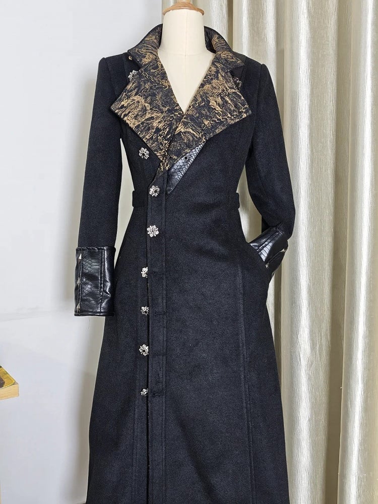 Ouji Fashion Black Leather Cuffs Gothic Lolita Woolen Coat with Golden Inner Lining