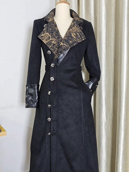 Ouji Fashion Black Leather Cuffs Gothic Lolita Woolen Coat with Golden Inner Lining