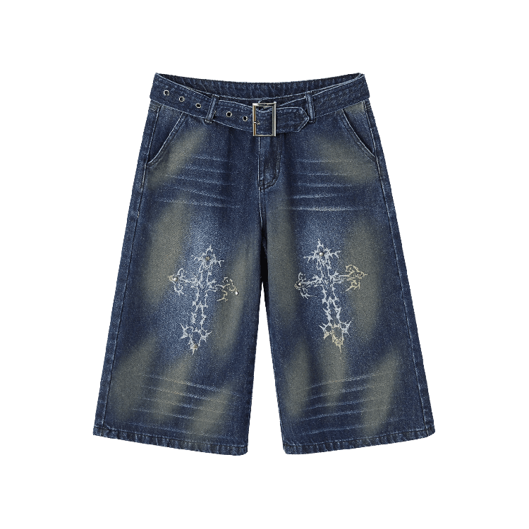 Blue Cross Print Faded Wash Glamorous Distressed Jeans with Buckle Belt