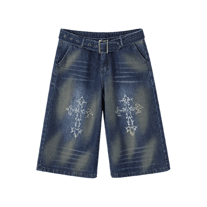 Blue Cross Print Faded Wash Glamorous Distressed Jeans with Buckle Belt