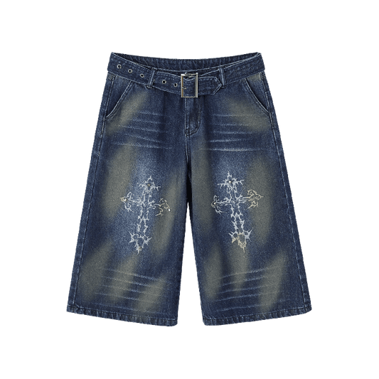 Blue Cross Print Faded Wash Glamorous Distressed Jeans with Buckle Belt