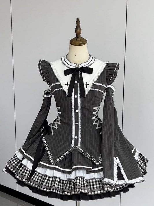 Dark Gray Flutter Sleeves Gothic Lolita Striped Dress with Bunny Ears at Back Collar