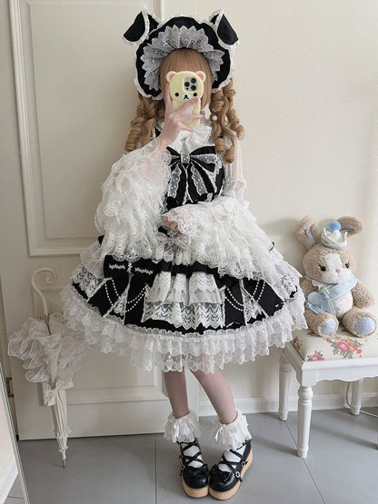 Black Bead Chain Big Bows Decoration Tiered Skirt Hanayome Lolita Dress