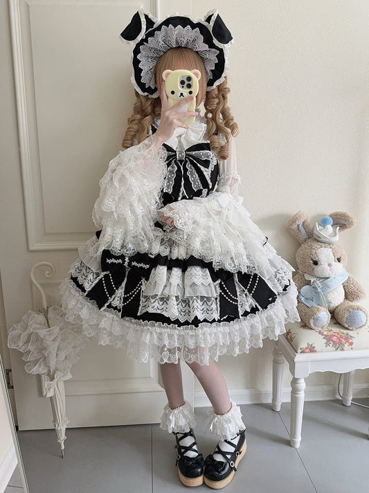 Black Bead Chain Big Bows Decoration Tiered Skirt Hanayome Lolita Dress