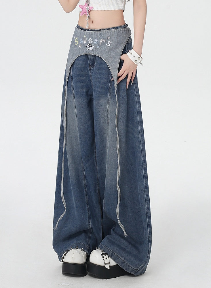 Blue Low Waist Wide-leg Jeans with Letter Embroidery Waist Accessory
