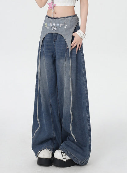 Blue Low Waist Wide-leg Jeans with Letter Embroidery Waist Accessory