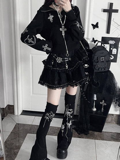 Black Bittersweet Cross And Heart Design Cat Ear Hooded Jacket