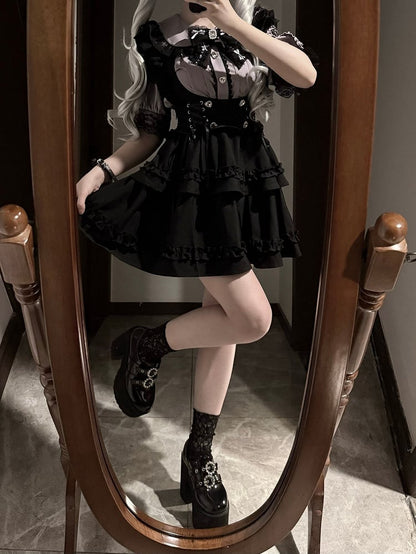 Purple Peter Pan Collar Blouse with Black Lace-up Waist Overall Skirt Jirai Kei Set