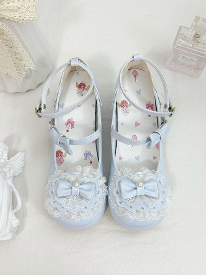 Baby Blue Bow at Top Lace Trim Heart Buckles Round Toe Lolita Shoes
