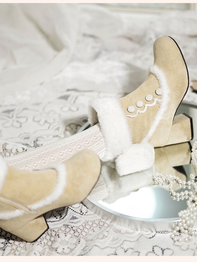 Button Details, Plush Bow & Fur Cuff Mid-heel Beige Boots in Sweet Lolita