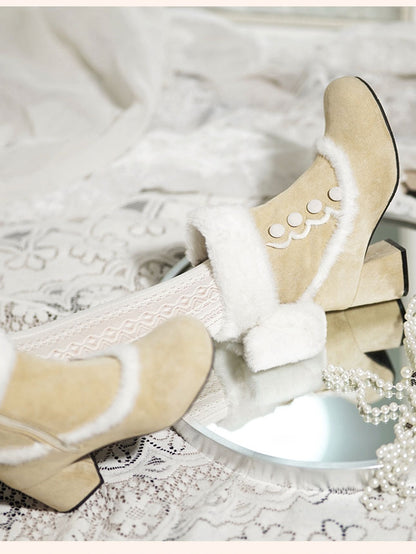 Button Details, Plush Bow & Fur Cuff Mid-heel Beige Boots in Sweet Lolita