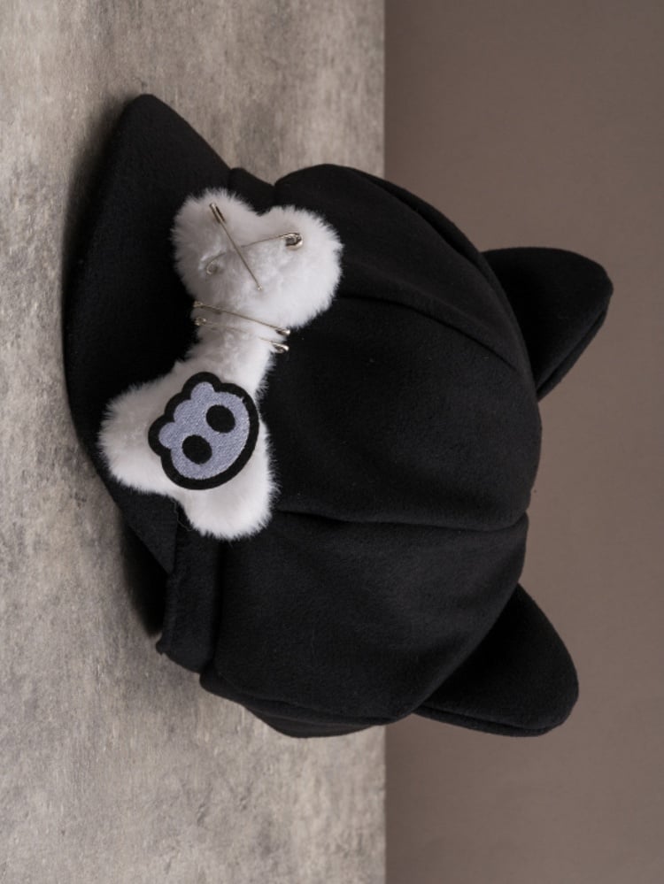 Black Gothic Skeleton Applique Pin Decorated Plush Bone Design Cat Ear Beret Hat
