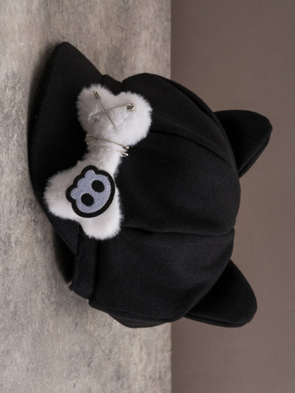 Black Gothic Skeleton Applique Pin Decorated Plush Bone Design Cat Ear Beret Hat