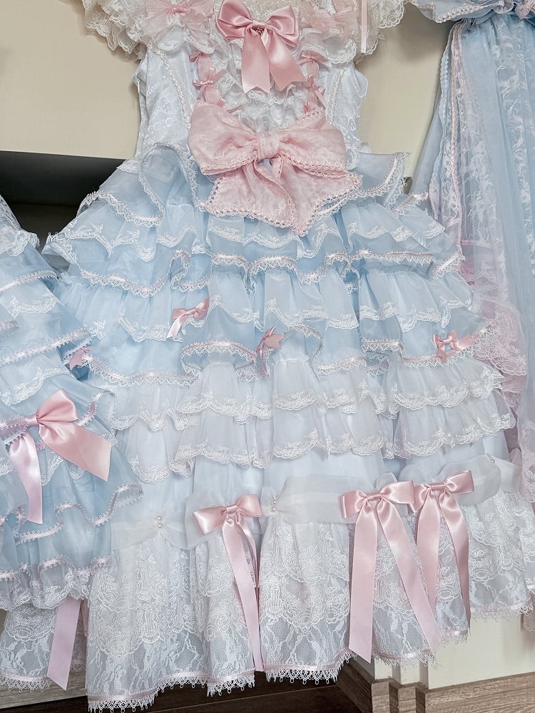 Blue and Pink Hime Lolita Bow Accents Tiered Skirt Princess Dress