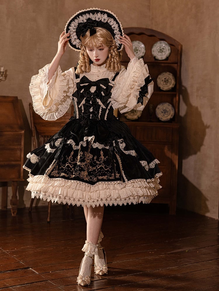 Bows Decoration Candle Embroidery Black Velvet Dress Lolita JSK / Set