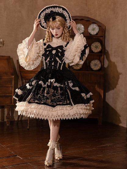 Bows Decoration Candle Embroidery Black Velvet Dress Lolita JSK / Set