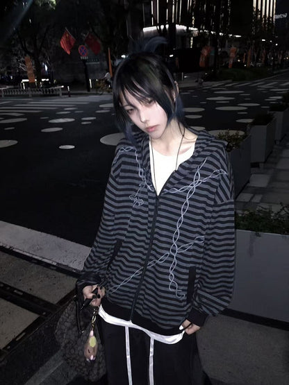Black & Gray Stripes Zip-up Hooded Jacket for Autumn with Cross Chain Print