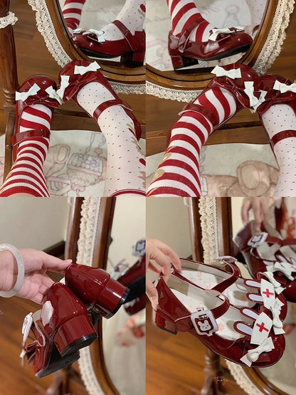 Red Sweet Lolita Low-heel Mary Janes with Bunny Ear Nurse Cap Accent & Bows Decor