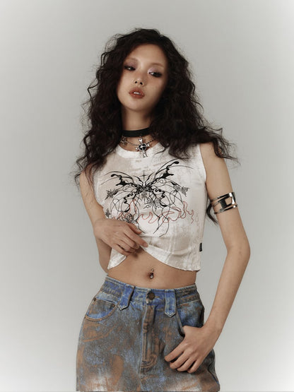 Y2K White Butterfly Print Slim Fit Tank Top