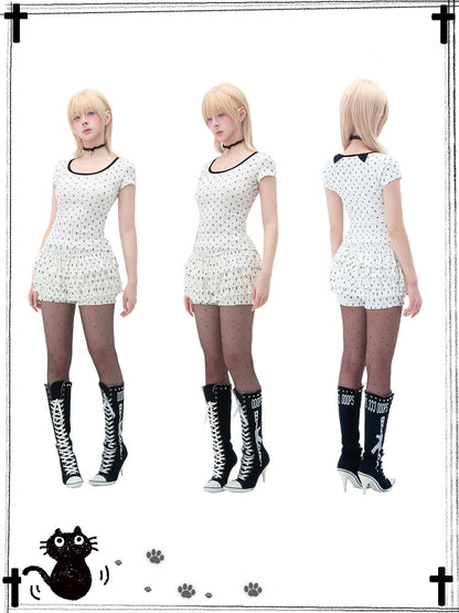 Pastel Gothic White Allover Cat Paw and Cross Print Tiered Ruffles Skort
