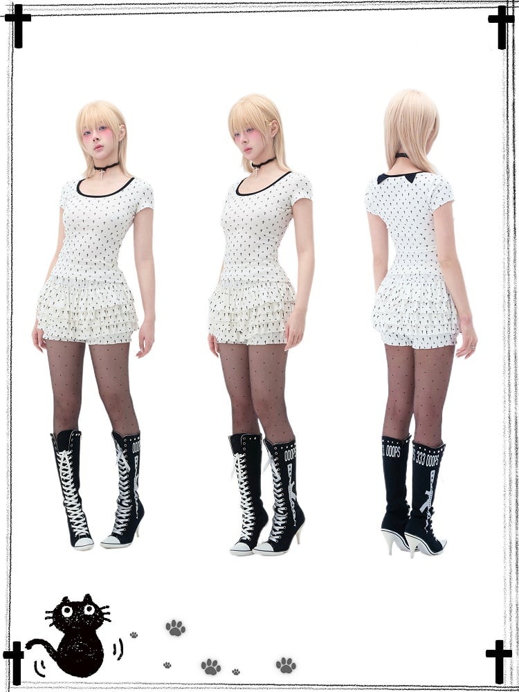 Pastel Gothic Black & White Allover Cross and Cat Paw Print Cat Ears Detail at Back T-Shirt