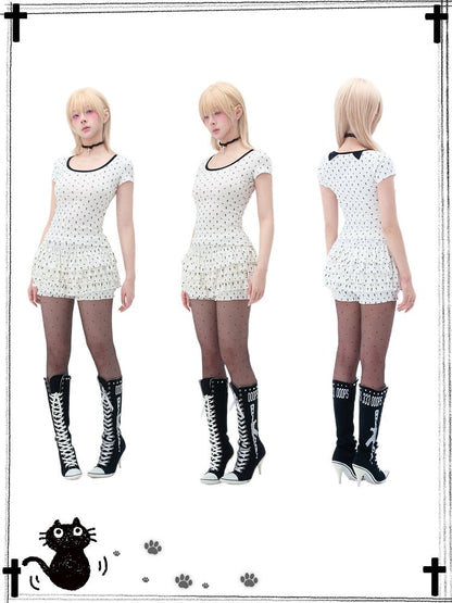 Pastel Gothic Black & White Allover Cross and Cat Paw Print Cat Ears Detail at Back T-Shirt