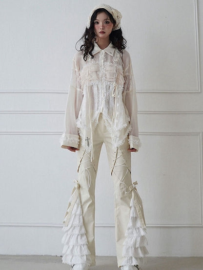 Lace-up Detail Beige Crosses Embroidery Chiffon Shirt Lace Trim