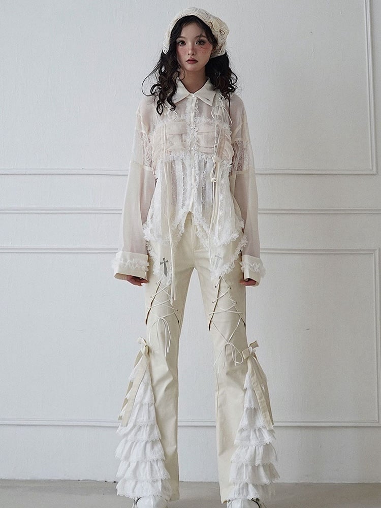 Lace-up Detail Beige Crosses Embroidery Chiffon Shirt Lace Trim