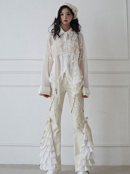 Lace-up Detail Beige Crosses Embroidery Chiffon Shirt Lace Trim