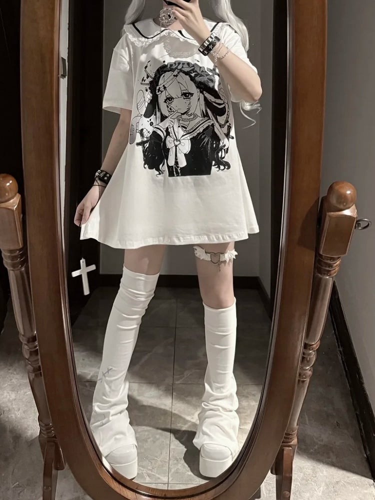 Anime Girl Print Peter Pan Collar White Jirai Kei T-shirt
