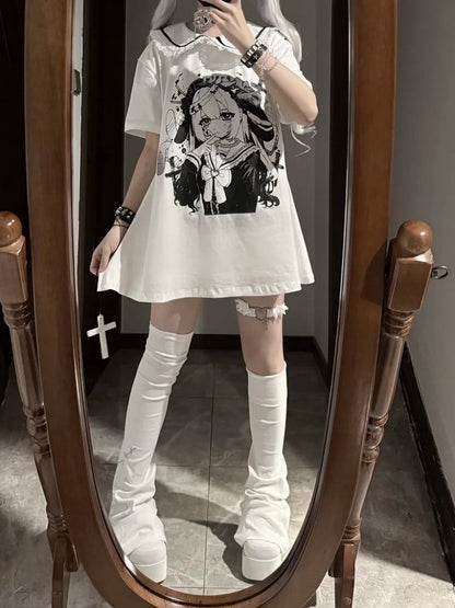 Anime Girl Print Peter Pan Collar White Jirai Kei T-shirt
