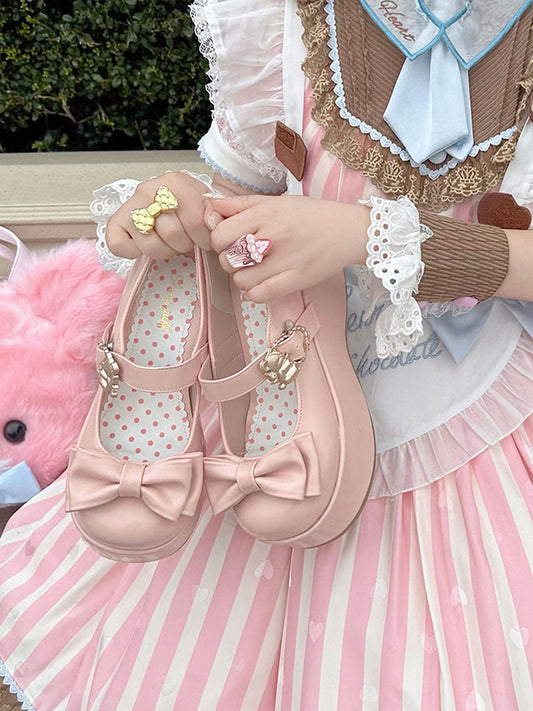 Hugging Bear Heart Buckle Pink Bow at Top Platform Mary Janes with Velcro Strap