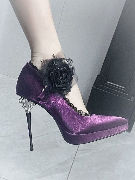 Purple Gothic Floral Decorated Pointed Toe Satin High Heels