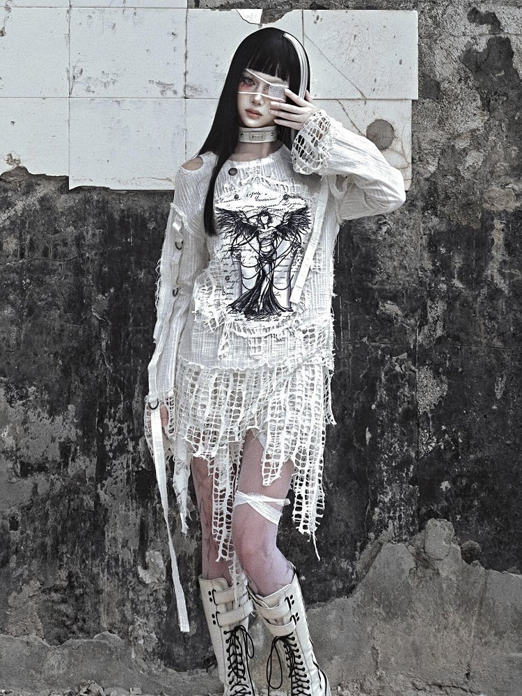 White Angel Print Cutout Shoulders Punk Oversize Sweat Shirt