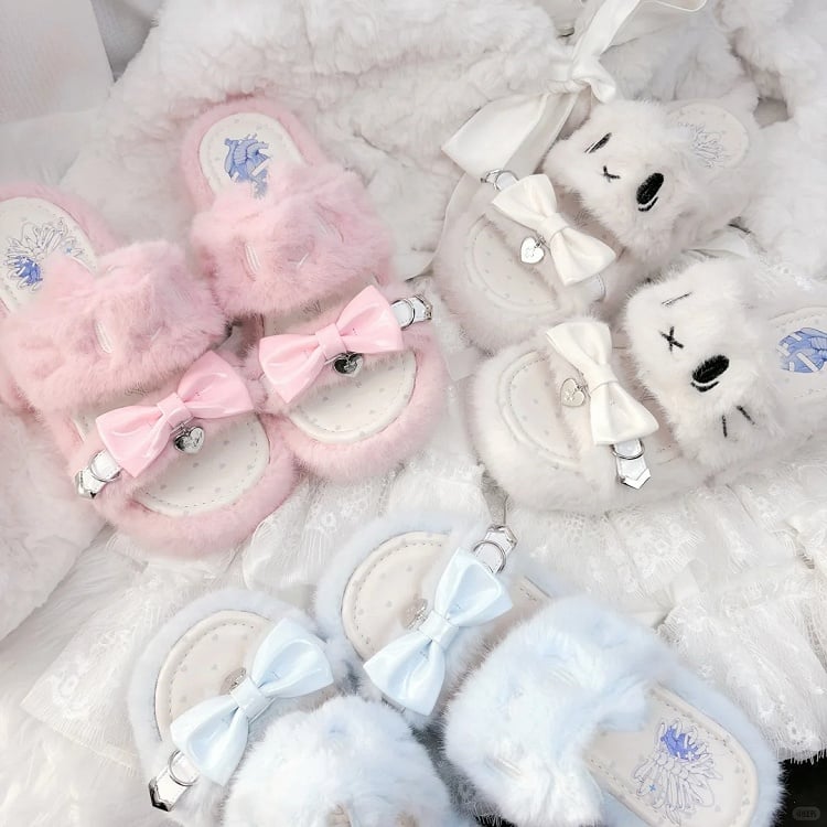 Rebellious Kitten Embroidery Slippers - Jirai Kei Pink Plush Platform with Bow & Heart Charm