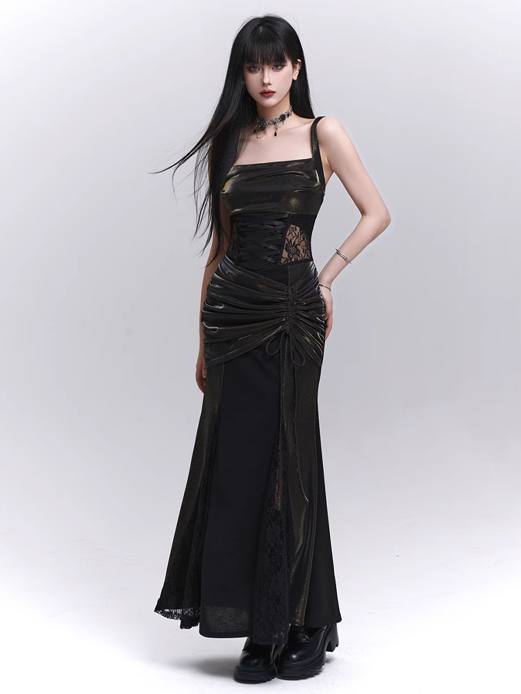 Black Lace Patches Waist Drawstring Hip Sleeveless Dress