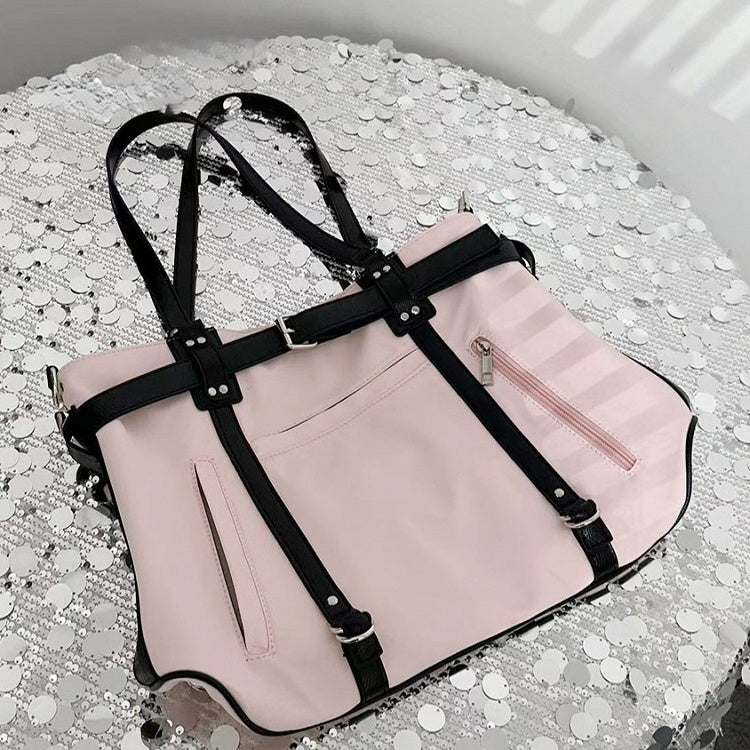 Large-Sized Pink Tote With Bold Contrast Strap Details