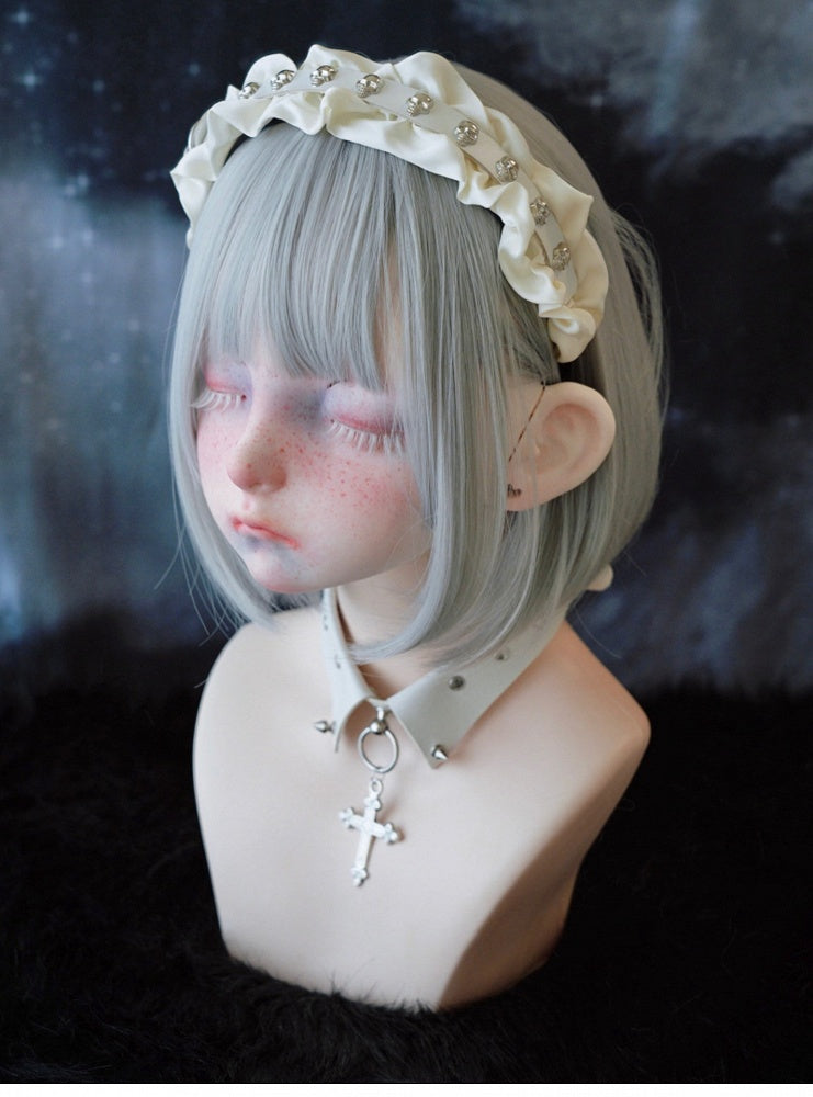 White Gothic Skeleton Studs PU Buckle Ruffled KC