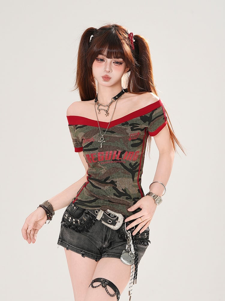 Navy Blue/Army Green Off-the-shoulder Neckline Letter Print T-shirt